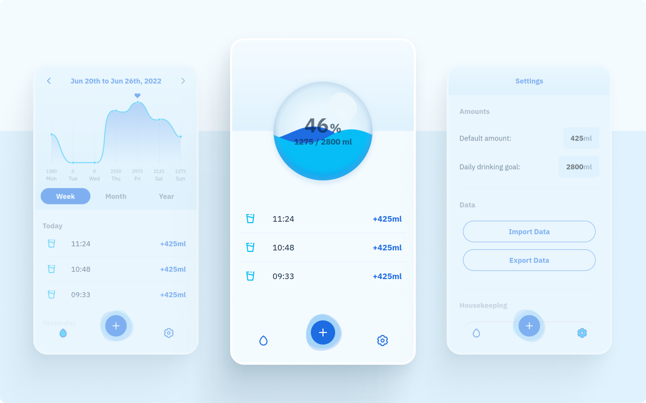 Three screenshots of Hydrt showing the main views: stats, entries, and settings. The entries view is highlighted and shows a half-filled globe of liquid above a list of entries of how much liquid was consumed at a given point in time