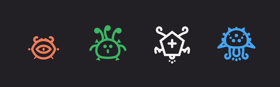 Four Magistani, creatures with a largely symmetrical round-ish head/body and various decorations like spikes and tentacles attached to it.