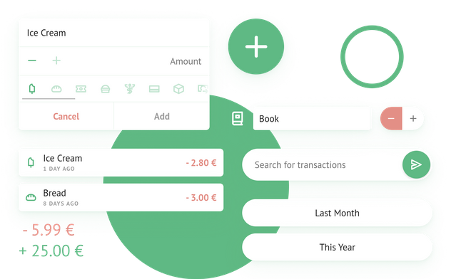 Various components of the Prt Mny app spread out on a background of green circles