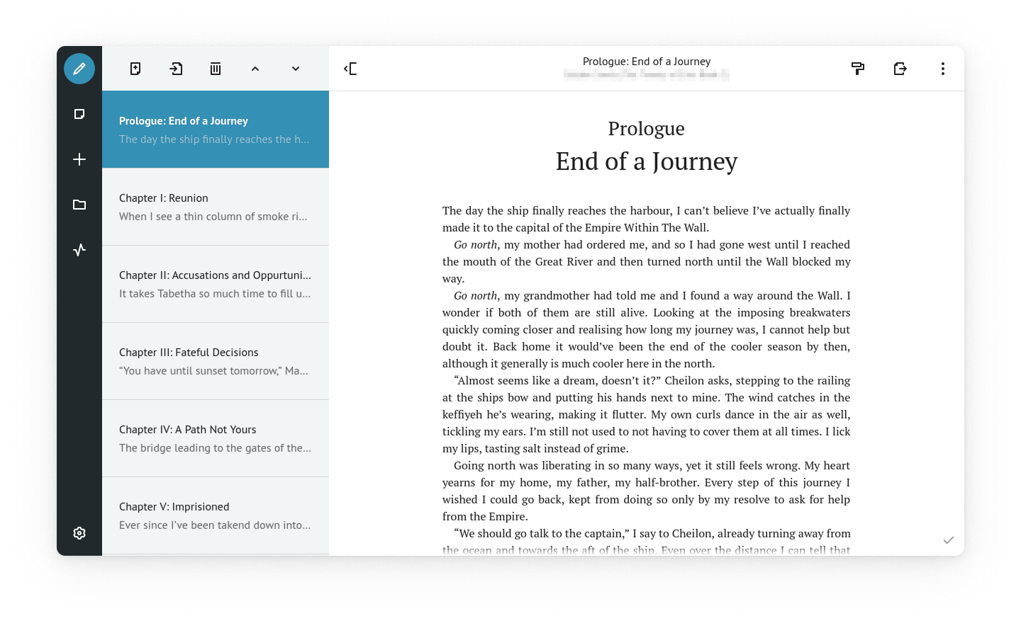 A screeshot of Qami’s writing mode, with an open novel project showing the prologue being edited