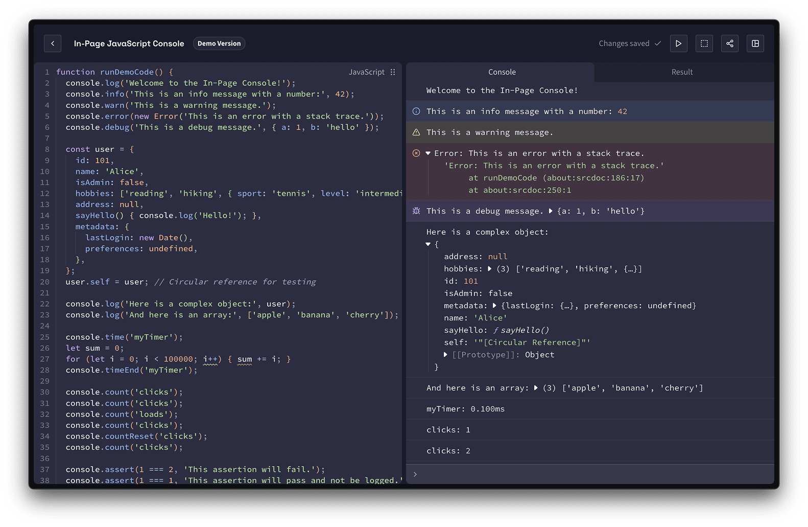 The in-page console showing the result of various logging commands input in the JS editor to its left. The output is syntax highlighted and complex elements like errors, objects and arrays can be collapsed
