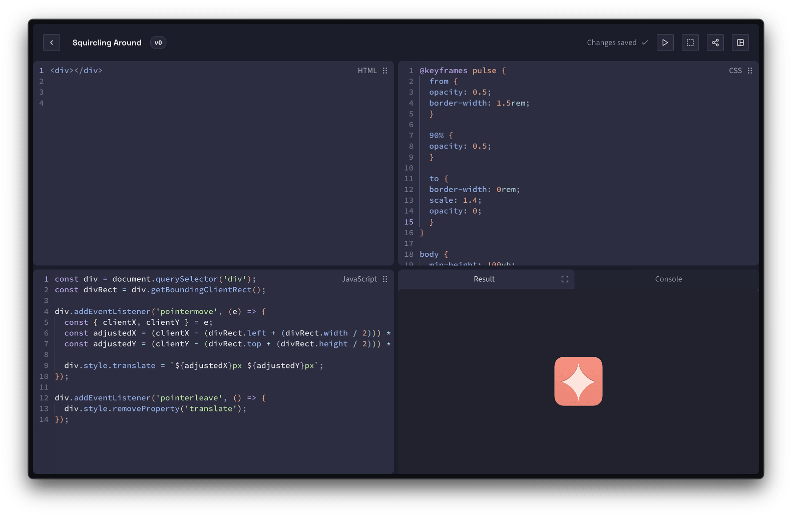 The desktop Quadrants editor with a toolbar along the top and the editors for HTML, CSS, JS and the result layed out as equally sized Quadrants in a grid