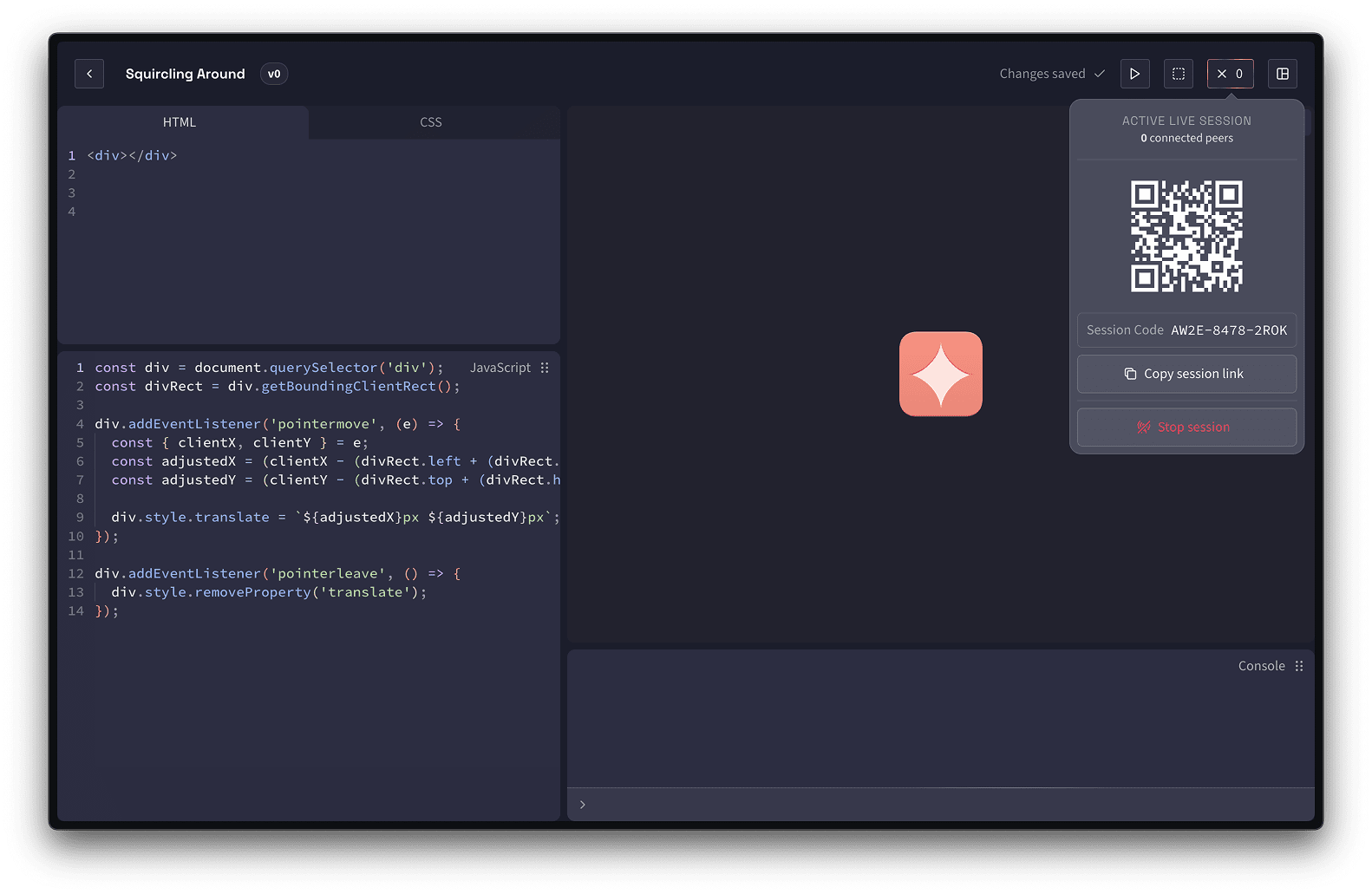 The Quadrants editor interface with the live session feature popover expanded, showing a session code and a scannable QR code