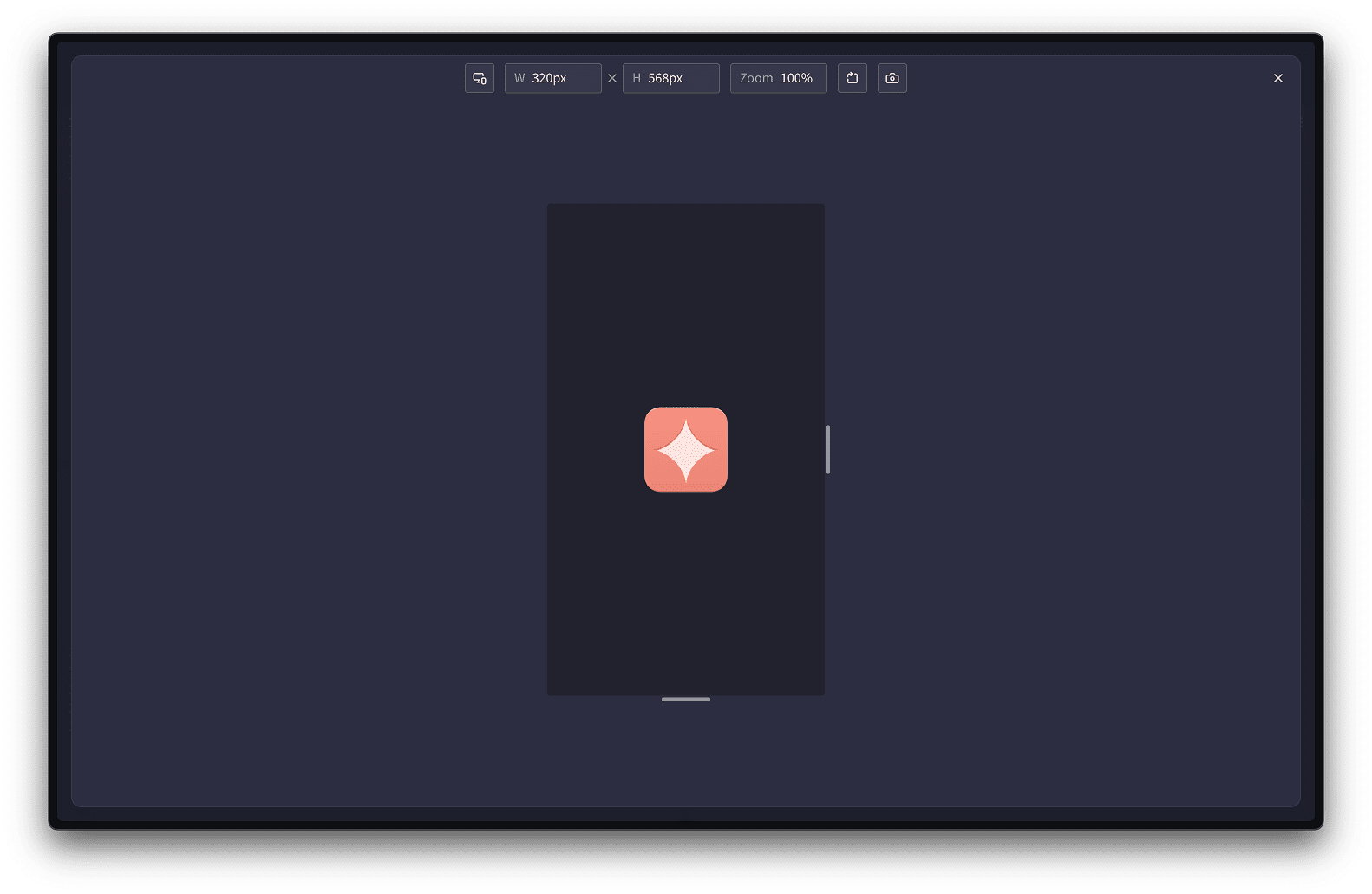 The fullscreen result view in Quadrants with resize handles and a toolbar for applying size presets, setting precise dimensions and zoom levels, as well as rotating and taking screenshots