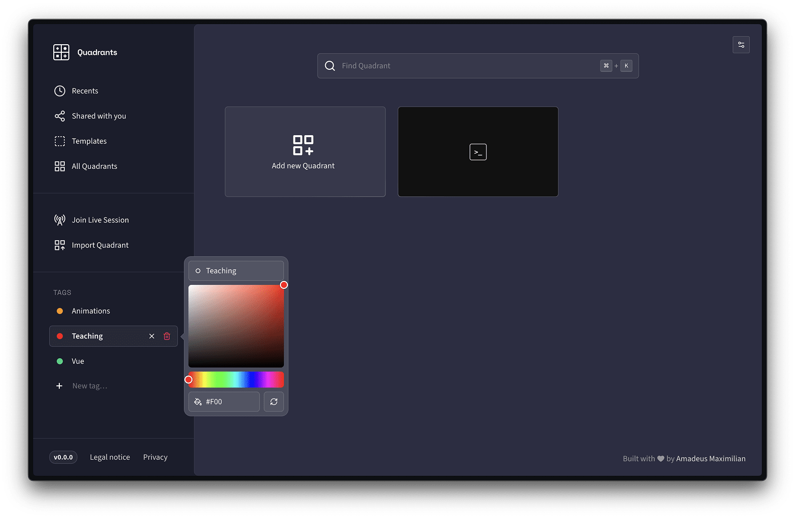 The Quadrants sidebar while a tag is being edited. The popover shows a field for the name and a rich colour selection widget