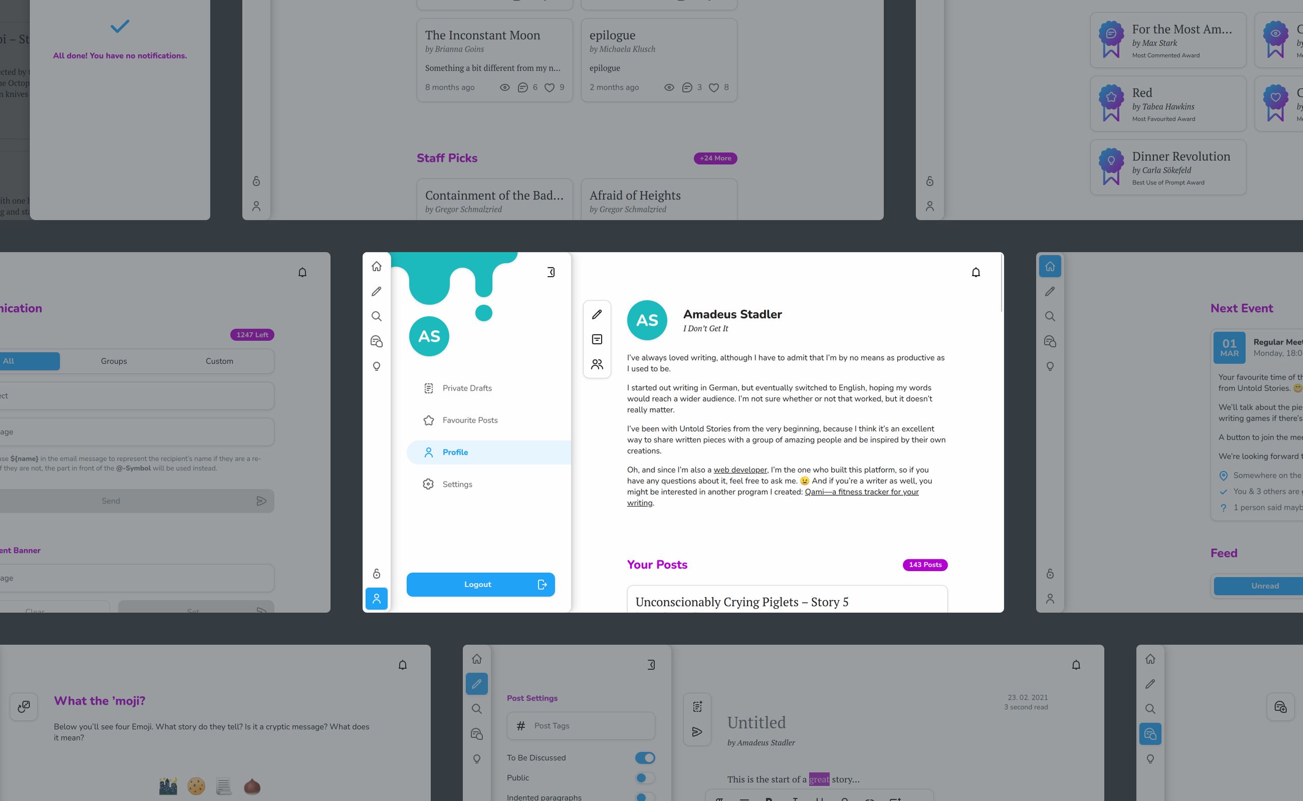 Various screens of the Untold Stories social network