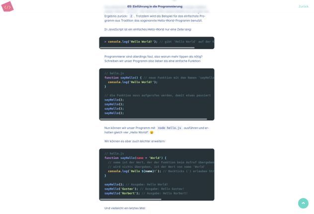 A screenshot of a website showing some code examples within a lesson