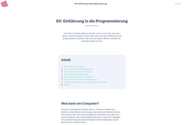 A screenshot of a website showing the title and table of contents of a lesson
